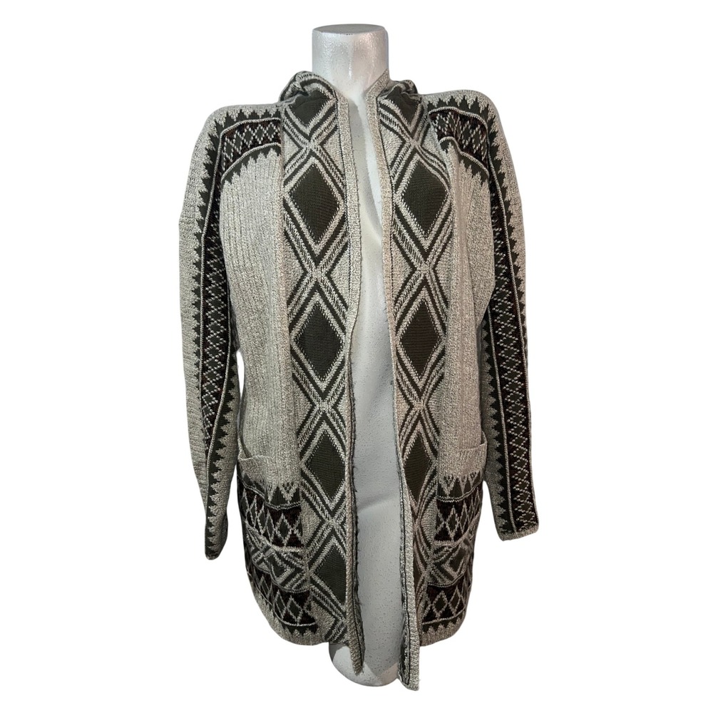 Lucky Brand Womens XL Hooded Cardigan Sweater Geometric Diamond Boho Open Front